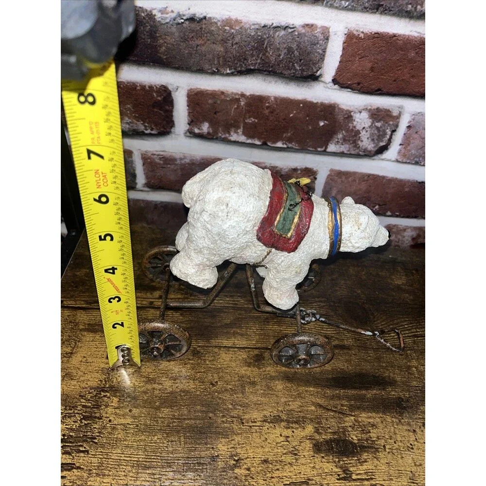 Vintage Rustic Holiday Christmas Polar Bear Wagon Figurine On Wheels
